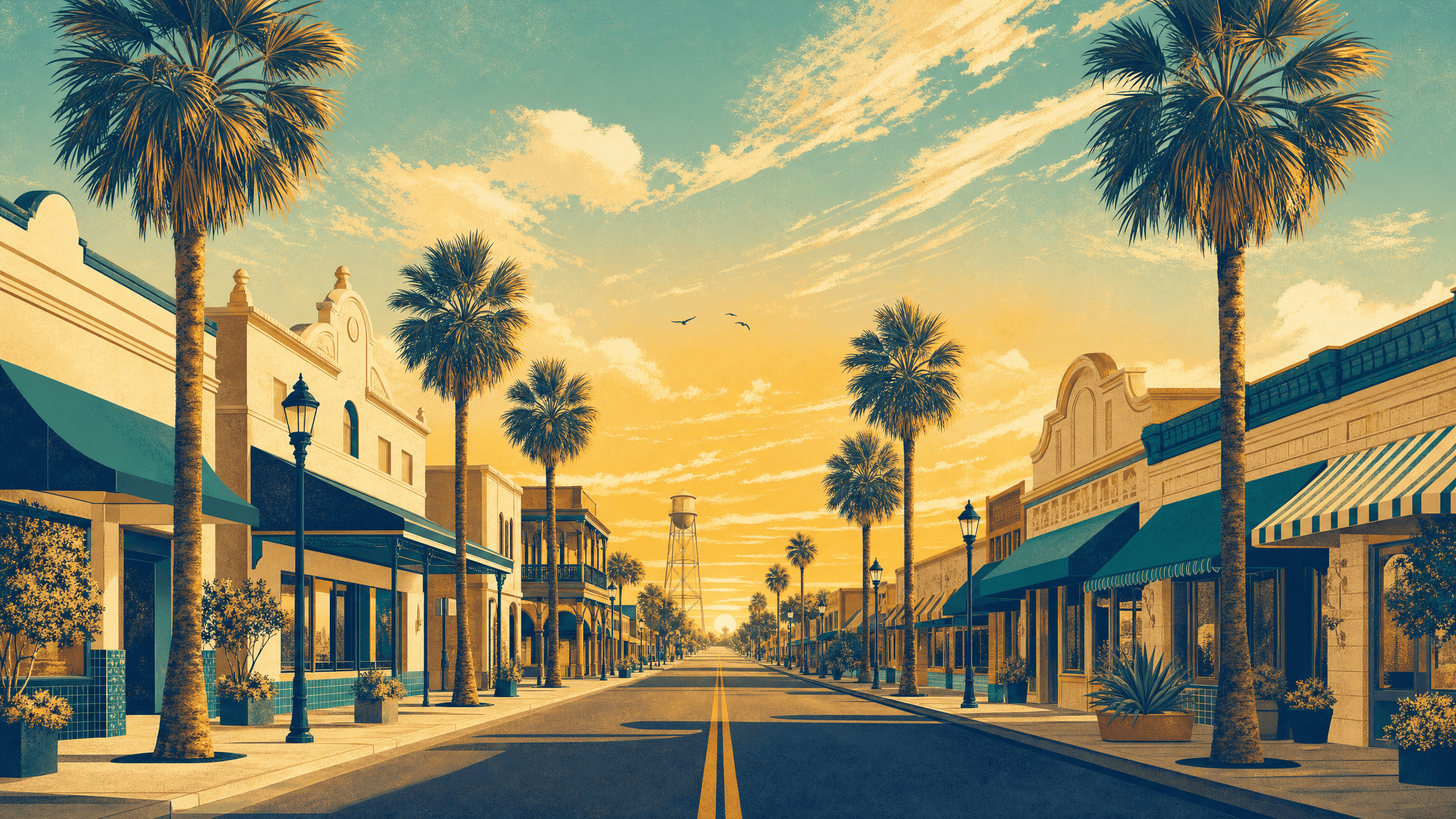 Illustration of a palm-lined main street in the Rio Grande Valley.
